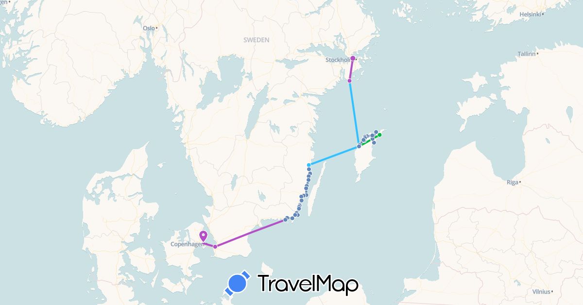 TravelMap itinerary: bus, cycling, train, boat in Denmark, Sweden (Europe)